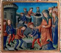 Construction d'une ville (Breviaire a l'usage de Besancon, BM, ms. 0069, p.129)